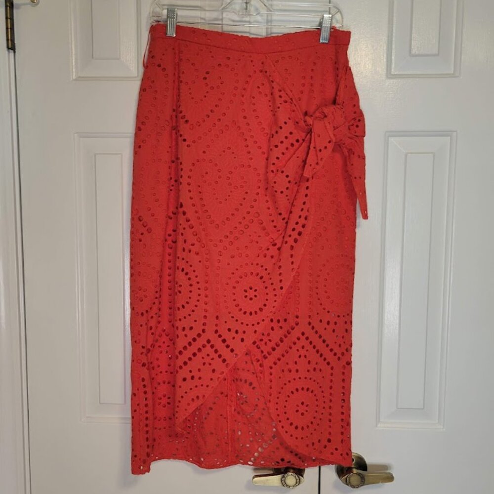 NWT Red Cotton Eyelet Wrap Midi Skirt Small Scalloped Hem